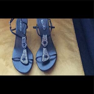 Black satin evening sandals with rhinestone embellishment